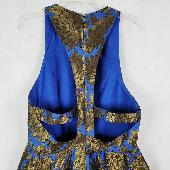 Arc & Co. Women's Dress M Blue Gold Metallic Halter Style Open Back Fit & Flare - Picture 9 of 11